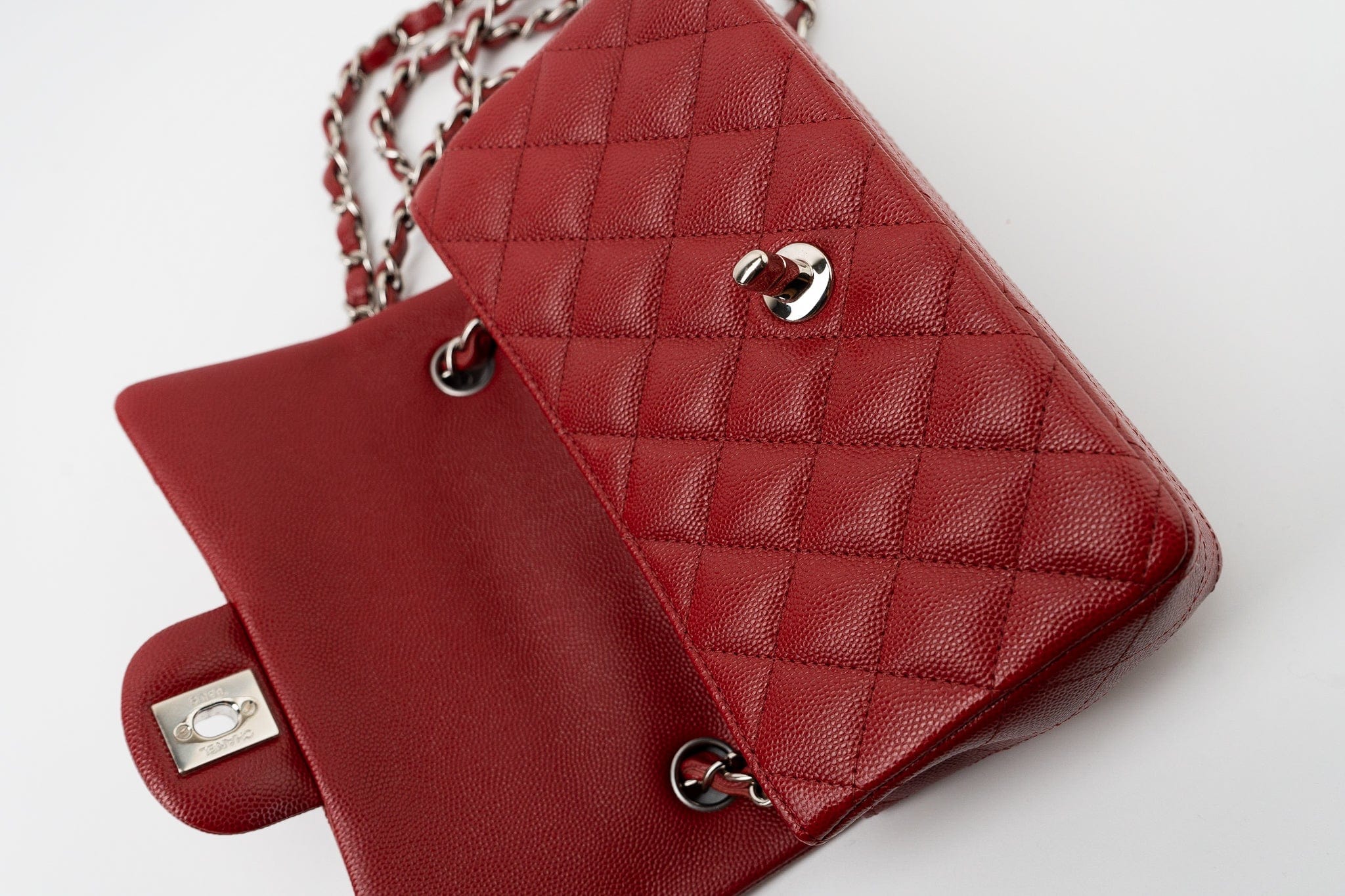 CHANEL Handbag 17B Mini Rectangular Red Caviar Quilted Flap Silver Hardware’s - Redeluxe
