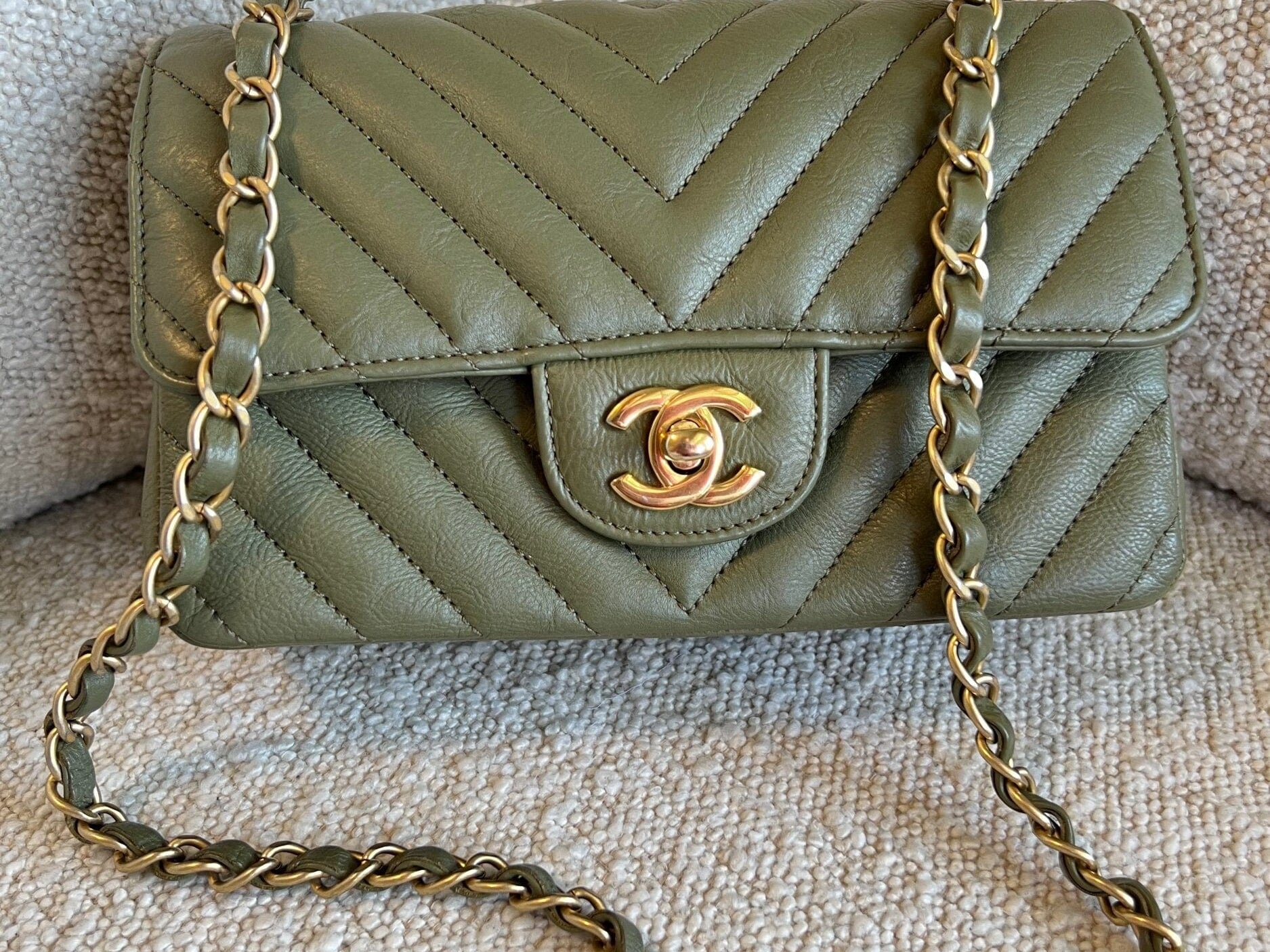Chanel Handbag 17C Khaki Green Chevron Calfskin Mini Rectangular Flap Brushed GHW - Redeluxe