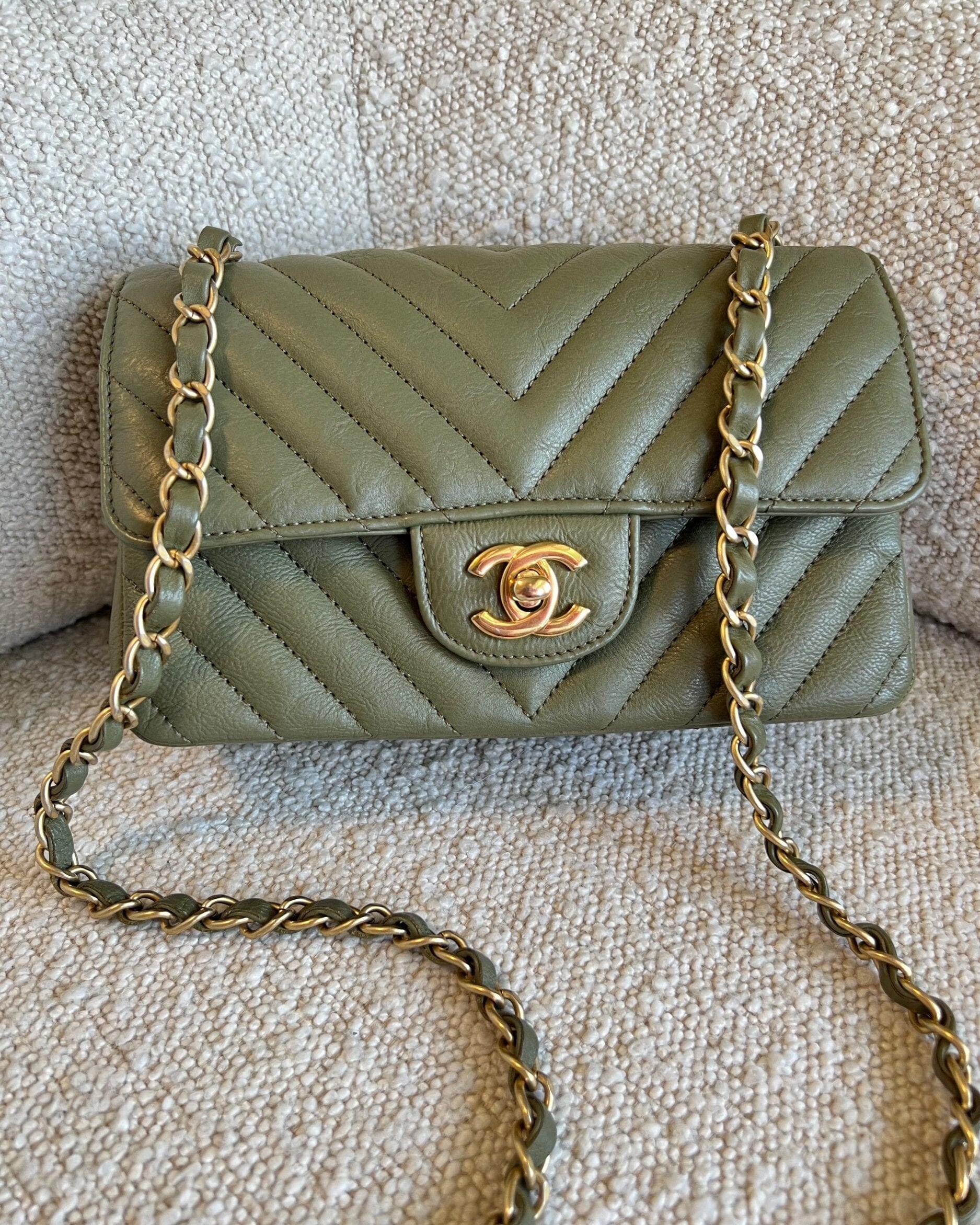 Chanel Handbag 17C Khaki Green Chevron Calfskin Mini Rectangular Flap Brushed GHW - Redeluxe