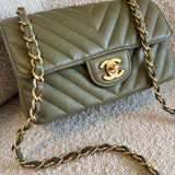 Chanel Handbag 17C Khaki Green Chevron Calfskin Mini Rectangular Flap Brushed GHW - Redeluxe