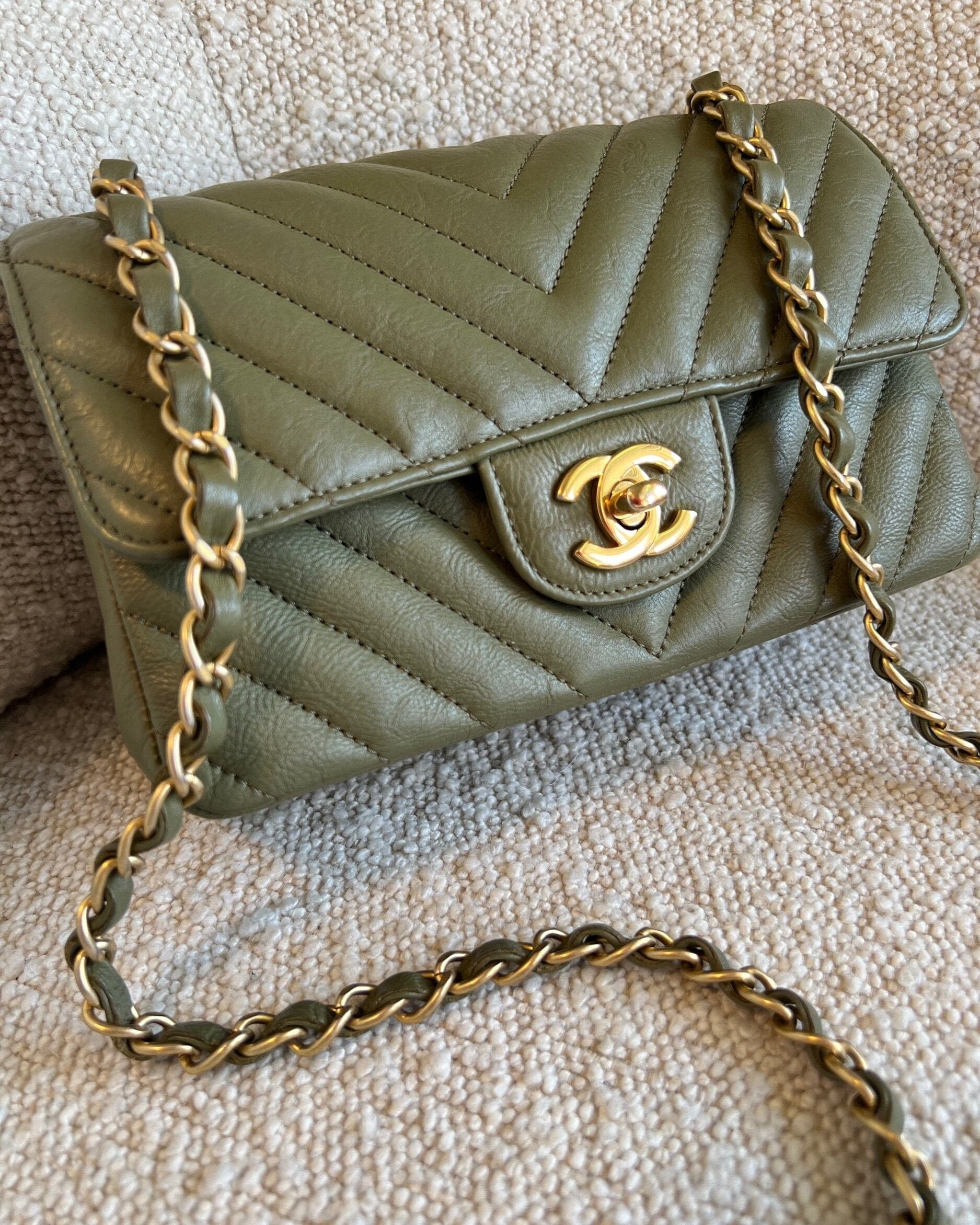 Chanel Handbag 17C Khaki Green Chevron Calfskin Mini Rectangular Flap Brushed GHW - Redeluxe