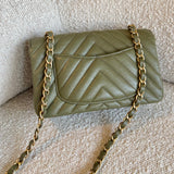 Chanel Handbag 17C Khaki Green Chevron Calfskin Mini Rectangular Flap Brushed GHW - Redeluxe