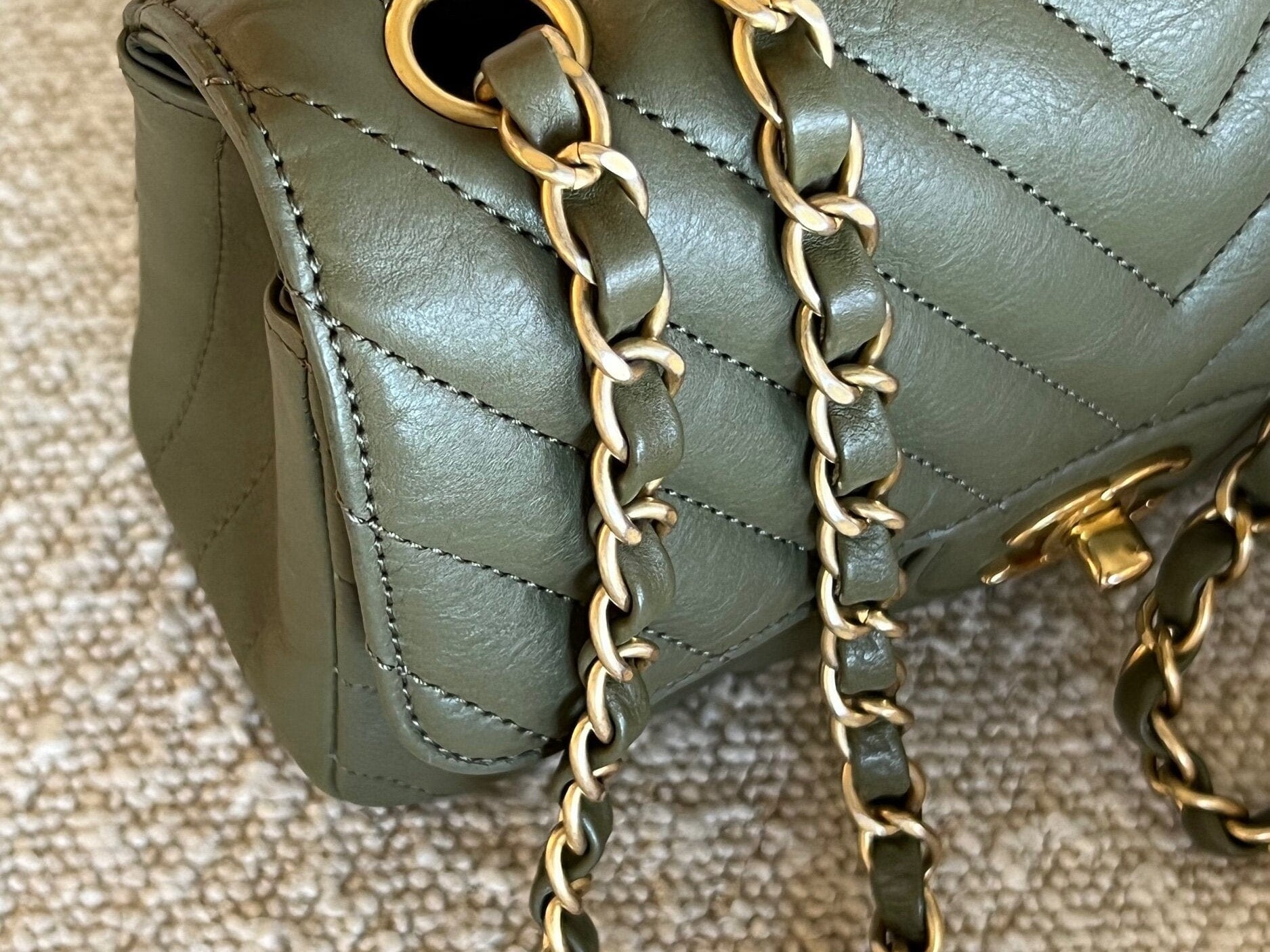 Chanel Handbag 17C Khaki Green Chevron Calfskin Mini Rectangular Flap Brushed GHW - Redeluxe