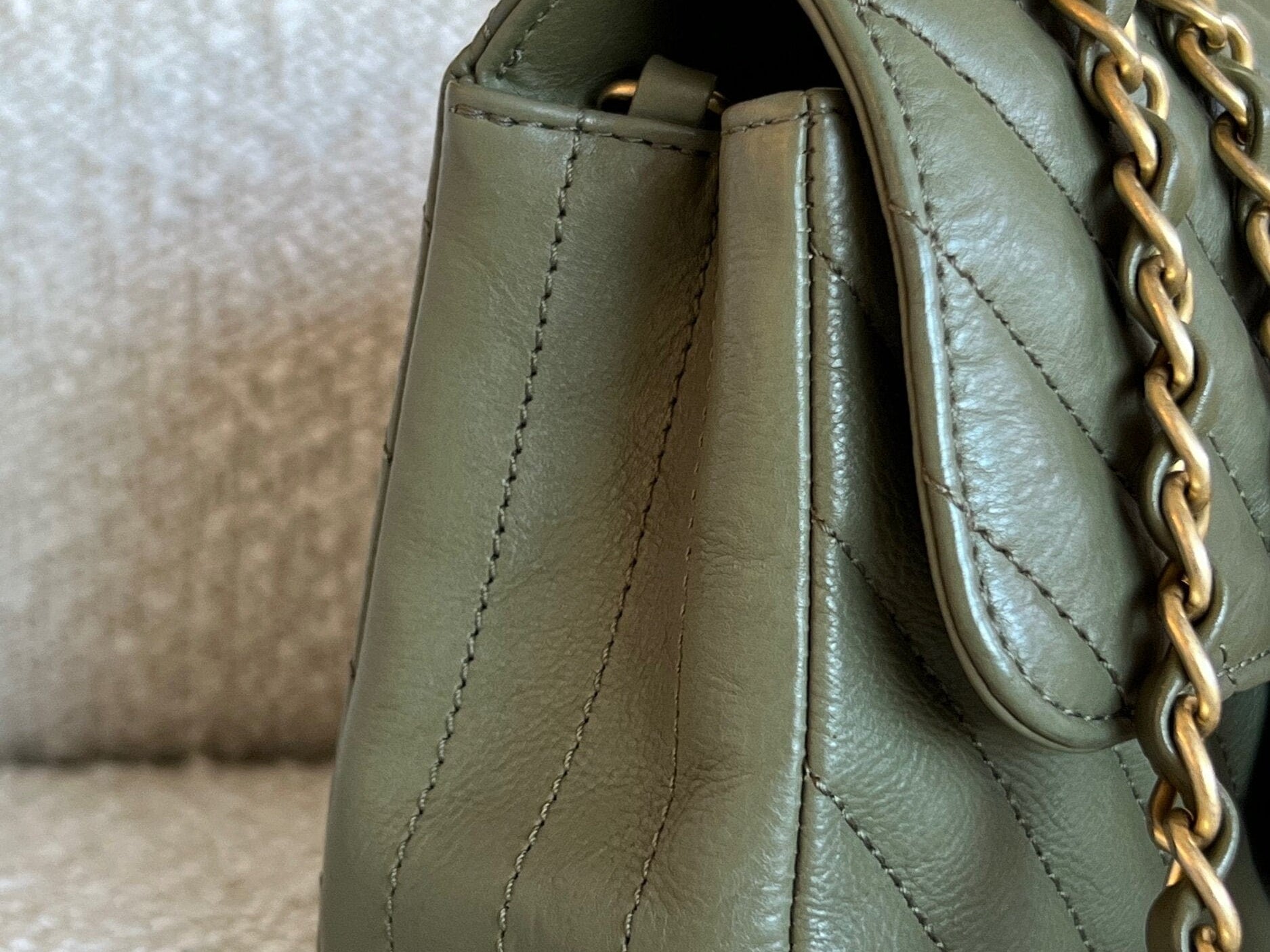 Chanel Handbag 17C Khaki Green Chevron Calfskin Mini Rectangular Flap Brushed GHW - Redeluxe