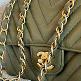 Chanel Handbag 17C Khaki Green Chevron Calfskin Mini Rectangular Flap Brushed GHW - Redeluxe