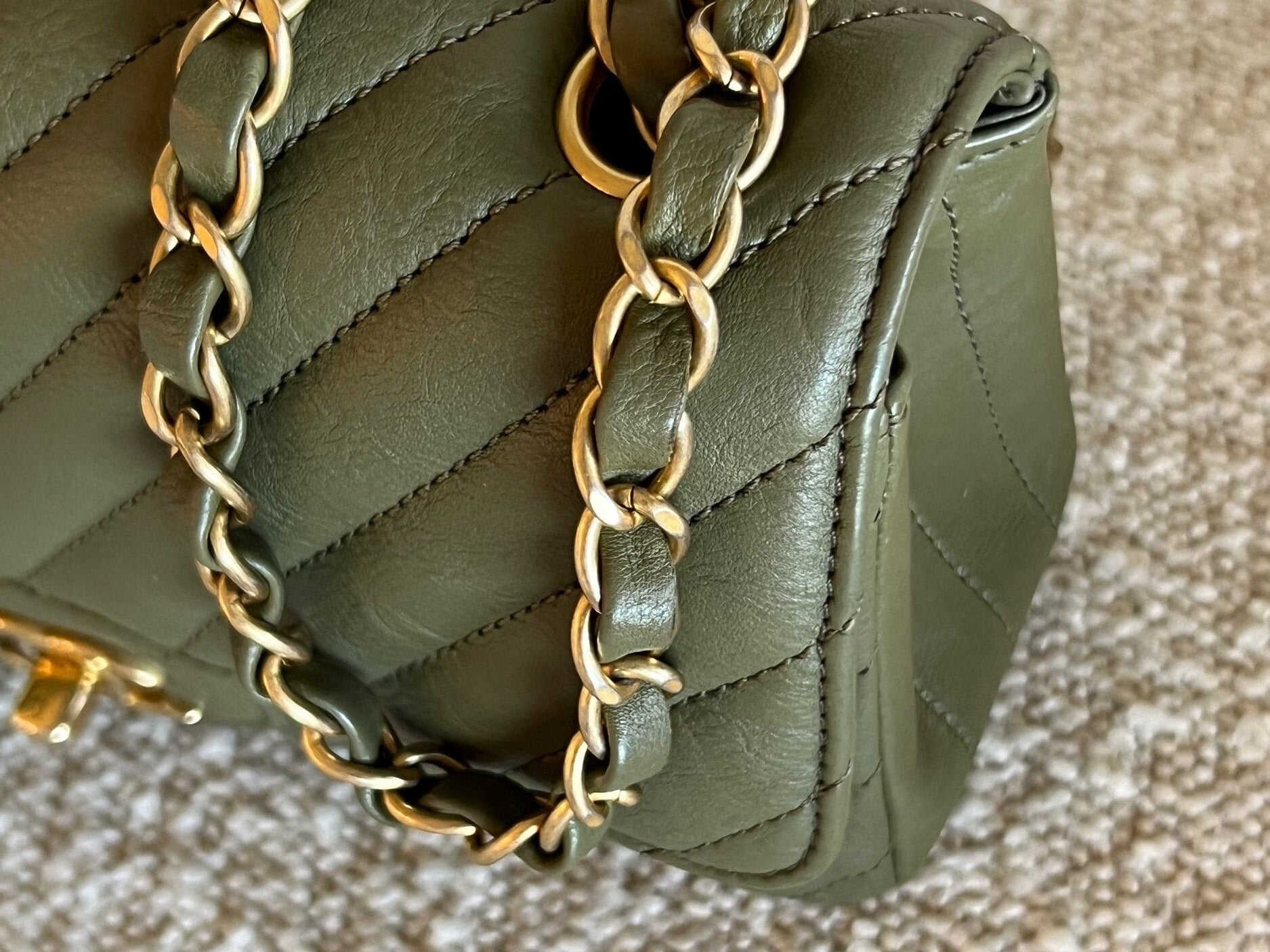 Chanel Handbag 17C Khaki Green Chevron Calfskin Mini Rectangular Flap Brushed GHW - Redeluxe