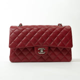 CHANEL Handbag 18B Raspberry Red Caviar Quilted Classic Flap Medium Silver Hardware - Redeluxe
