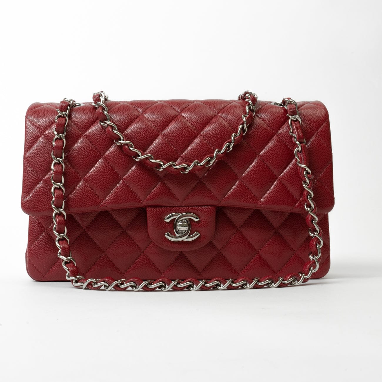 CHANEL Handbag 18B Raspberry Red Caviar Quilted Classic Flap Medium Silver Hardware - Redeluxe