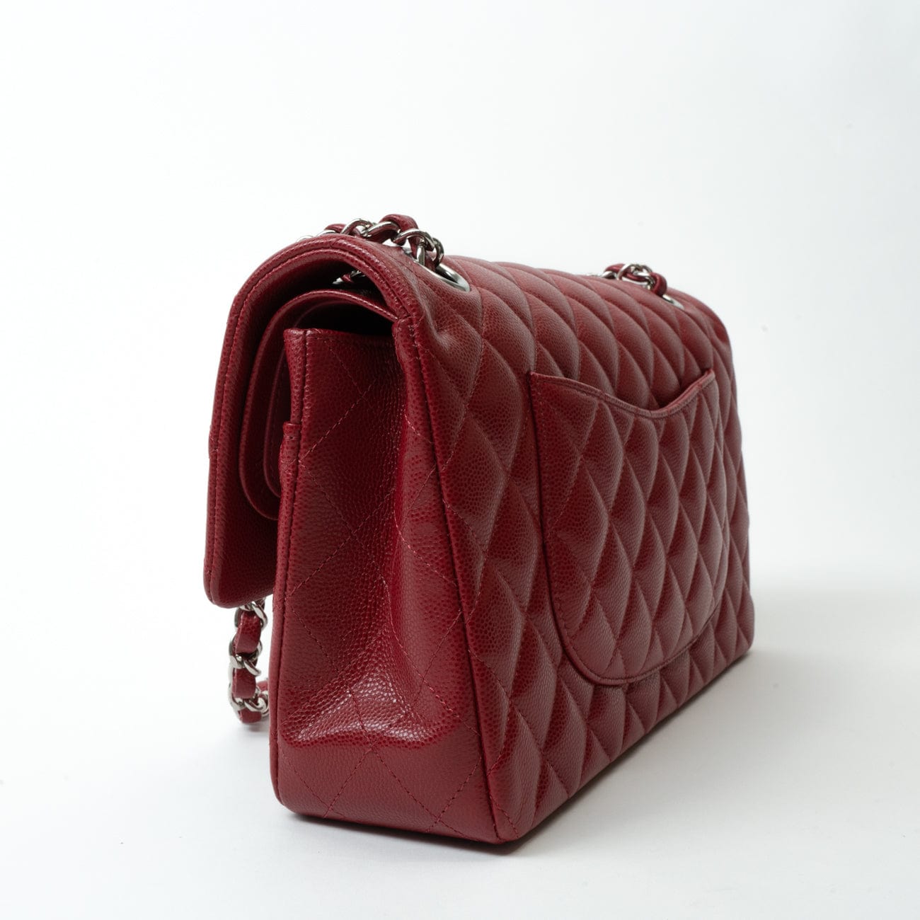 CHANEL Handbag 18B Raspberry Red Caviar Quilted Classic Flap Medium Silver Hardware - Redeluxe