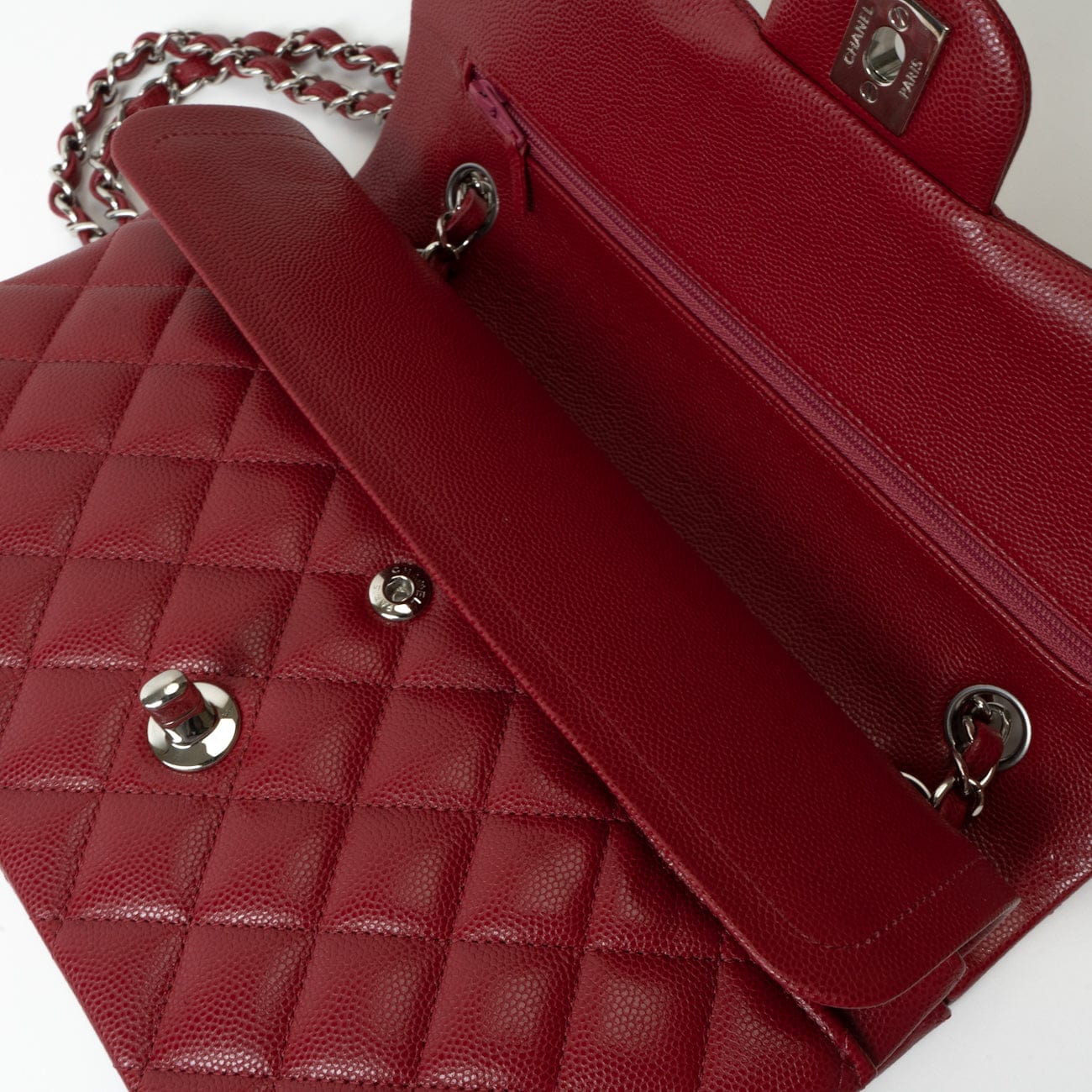 CHANEL Handbag 18B Raspberry Red Caviar Quilted Classic Flap Medium Silver Hardware - Redeluxe