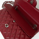 CHANEL Handbag 18B Raspberry Red Caviar Quilted Classic Flap Medium Silver Hardware - Redeluxe