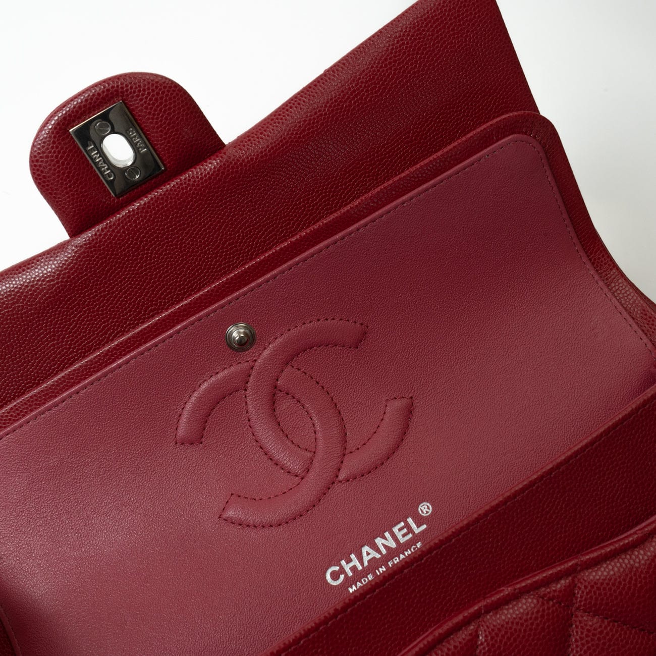 CHANEL Handbag 18B Raspberry Red Caviar Quilted Classic Flap Medium Silver Hardware - Redeluxe