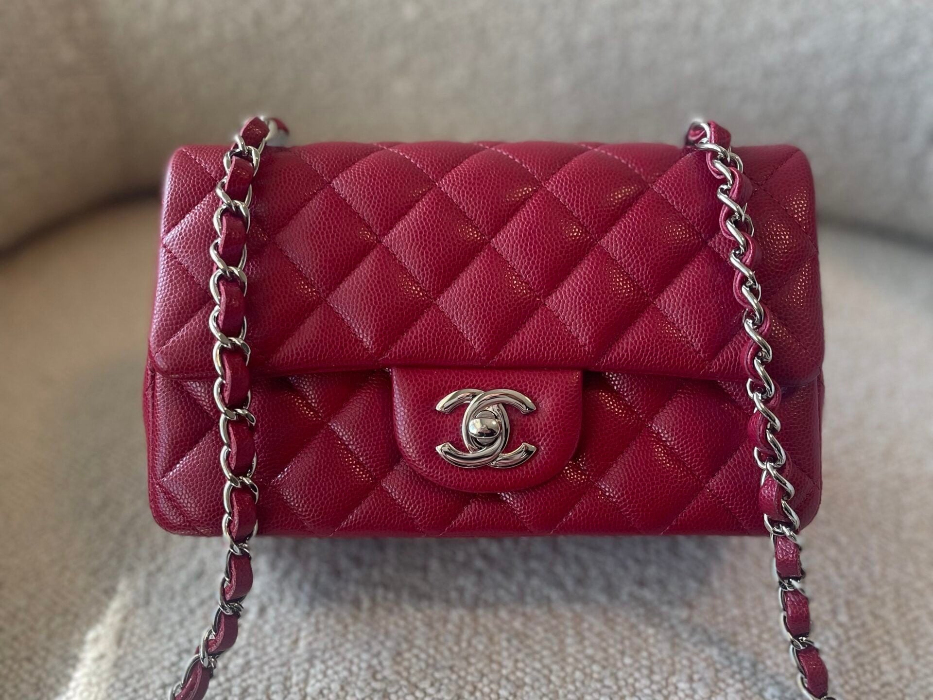 CHANEL Handbag 18B Raspberry Red Caviar Quilted Mini Rectangular Single Flap with Light Gold Hardware - Redeluxe