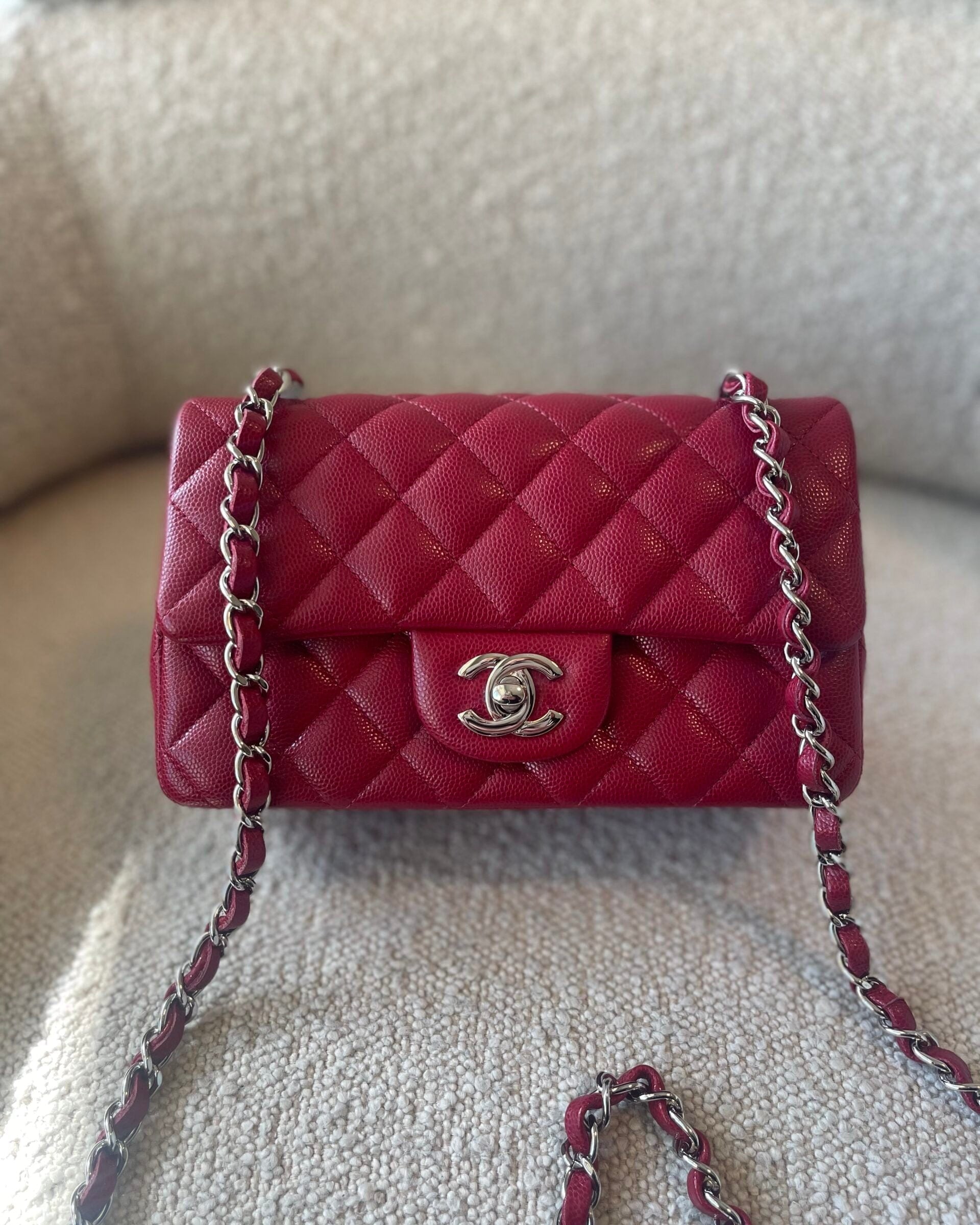 CHANEL Handbag 18B Raspberry Red Caviar Quilted Mini Rectangular Single Flap with Light Gold Hardware - Redeluxe