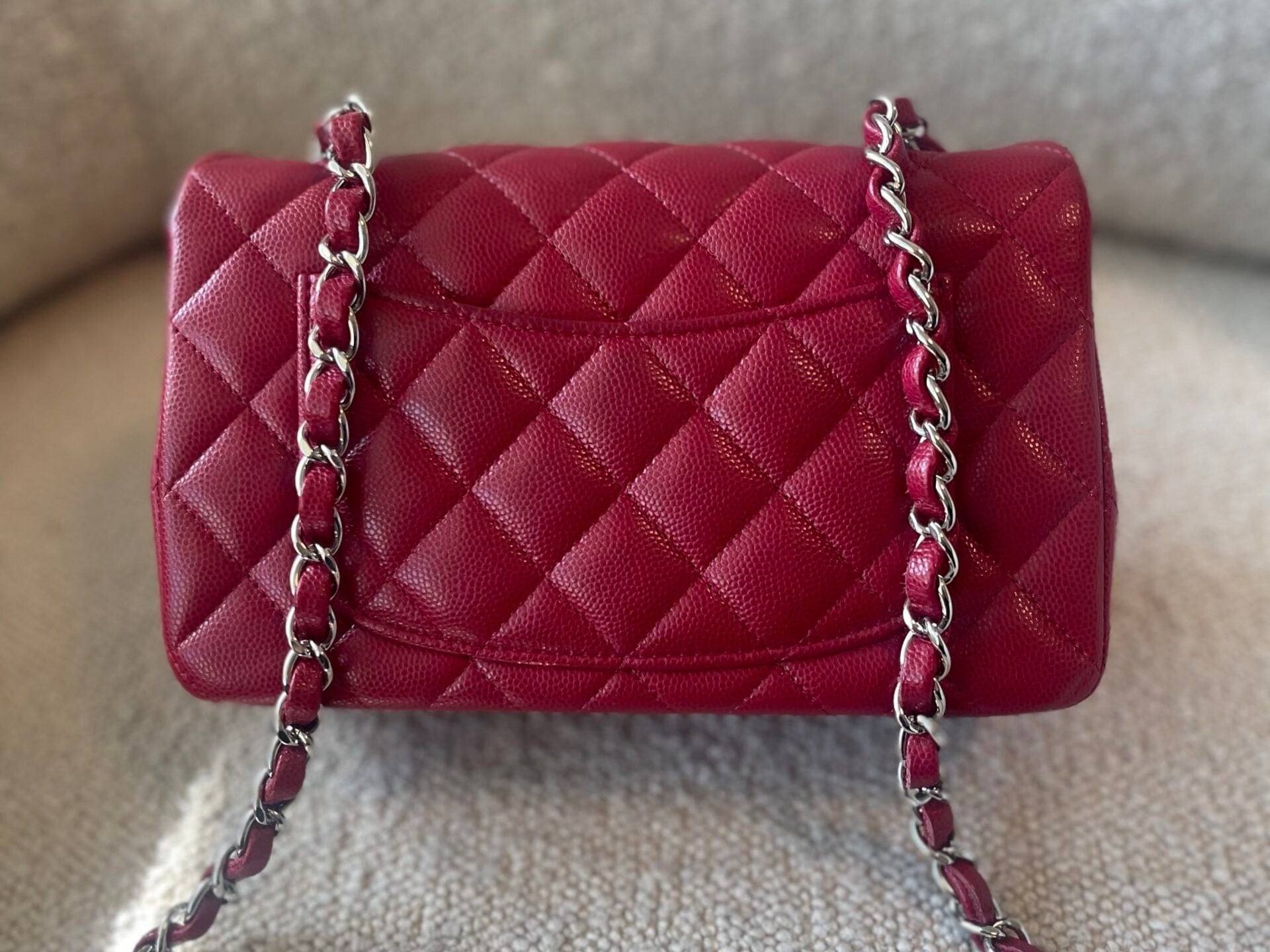 CHANEL Handbag 18B Raspberry Red Caviar Quilted Mini Rectangular Single Flap with Light Gold Hardware - Redeluxe