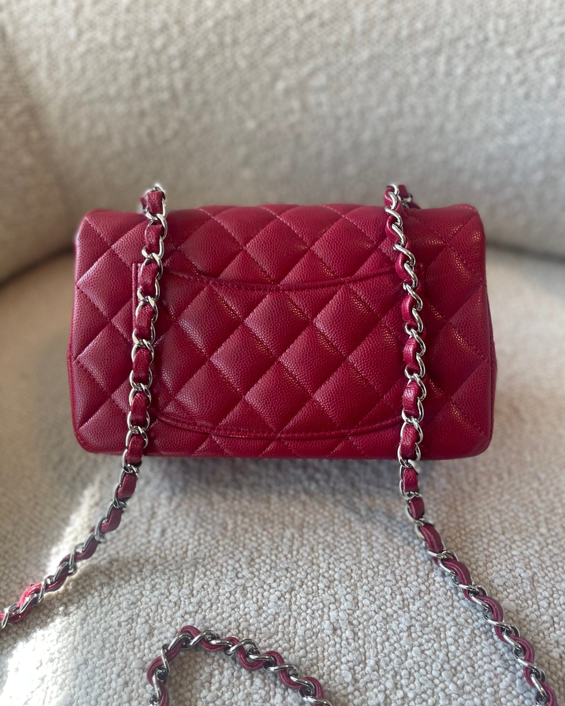 CHANEL Handbag 18B Raspberry Red Caviar Quilted Mini Rectangular Single Flap with Light Gold Hardware - Redeluxe