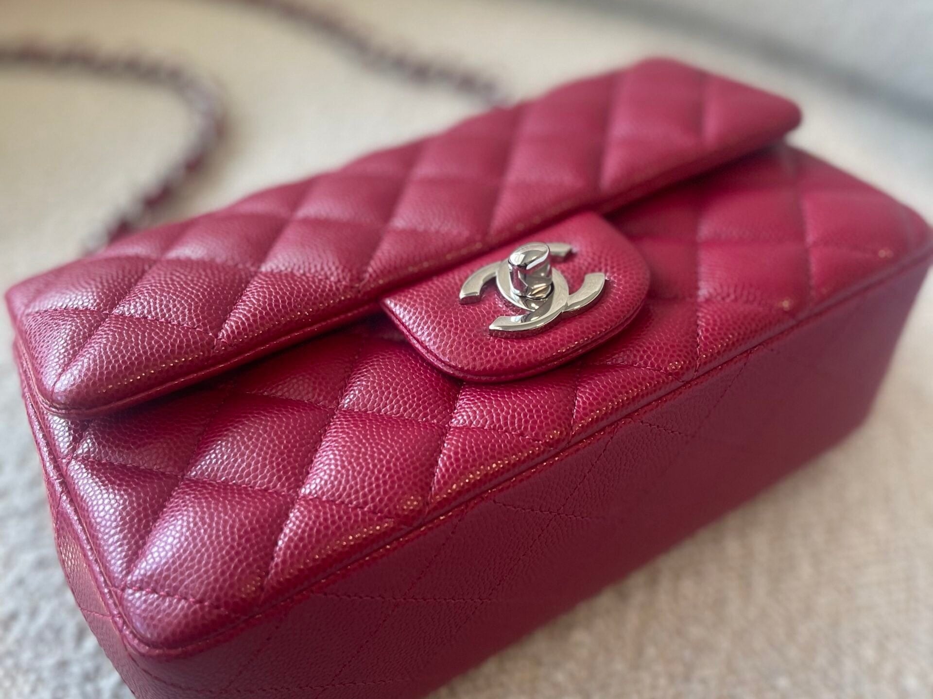 CHANEL Handbag 18B Raspberry Red Caviar Quilted Mini Rectangular Single Flap with Light Gold Hardware - Redeluxe