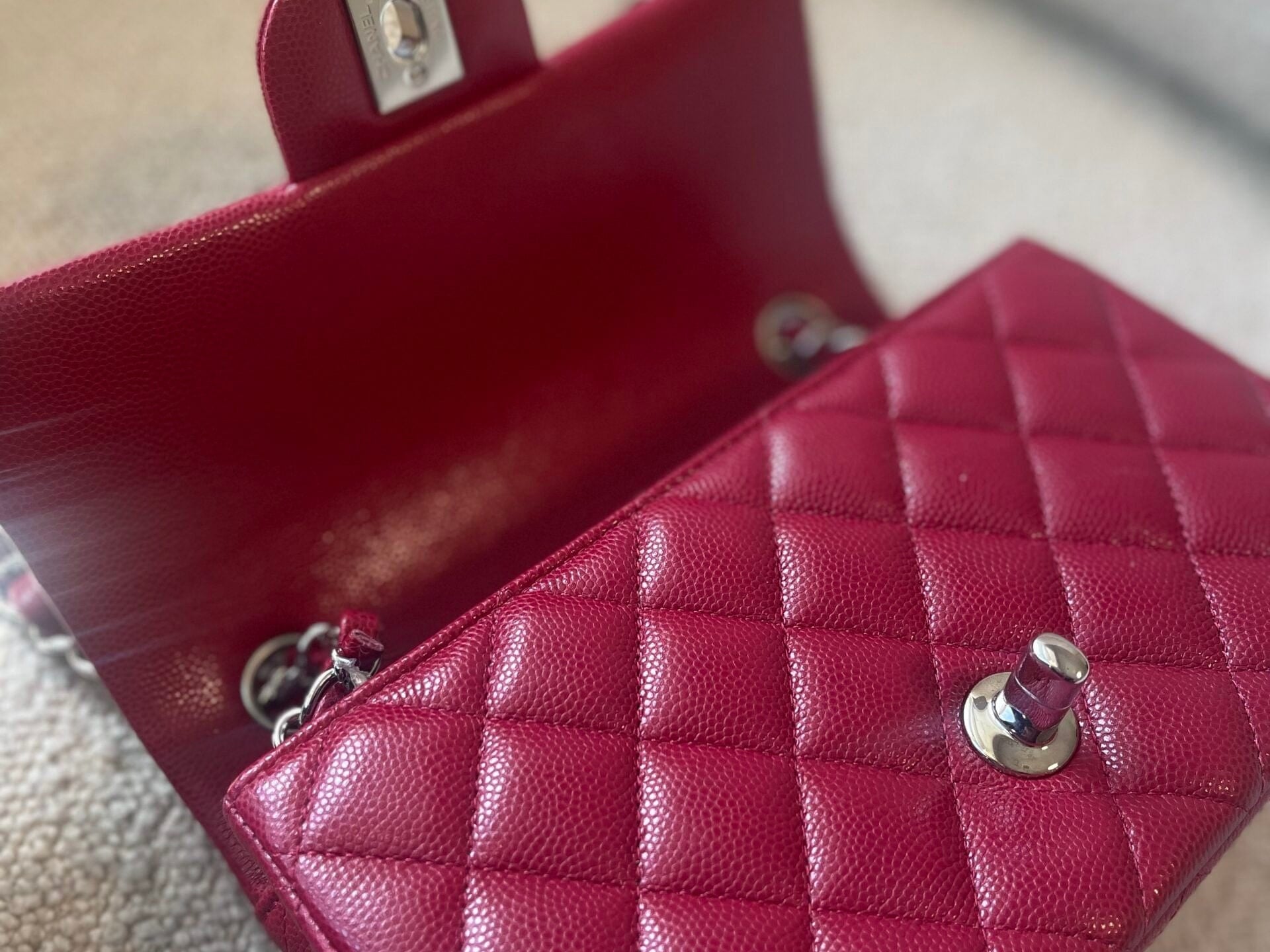CHANEL Handbag 18B Raspberry Red Caviar Quilted Mini Rectangular Single Flap with Light Gold Hardware - Redeluxe