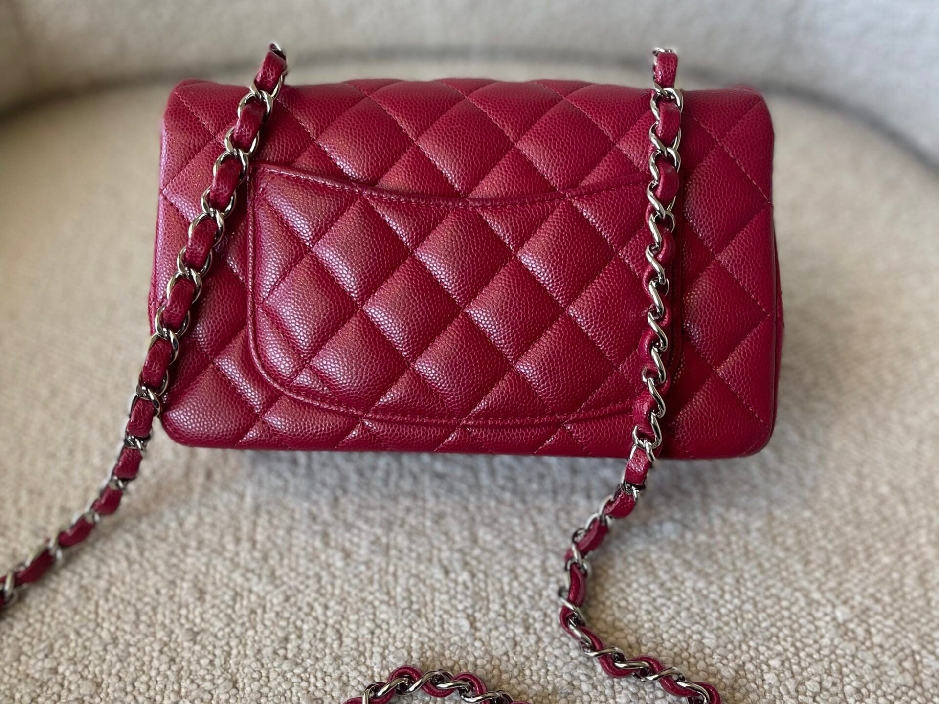 CHANEL Handbag 18B Raspberry Red Caviar Quilted Mini Rectangular Single Flap with Light Gold Hardware - Redeluxe
