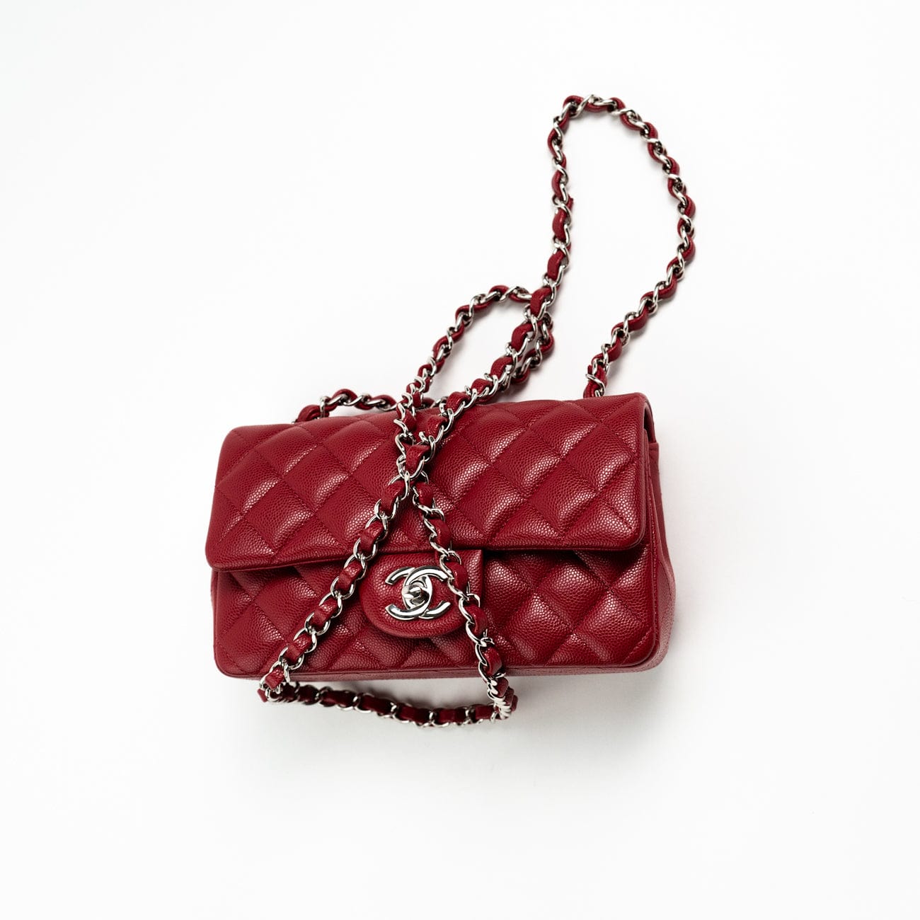 CHANEL Handbag 18B Raspberry Red Caviar Quilted Mini Rectangular Single Flap with Silver Hardware - Redeluxe