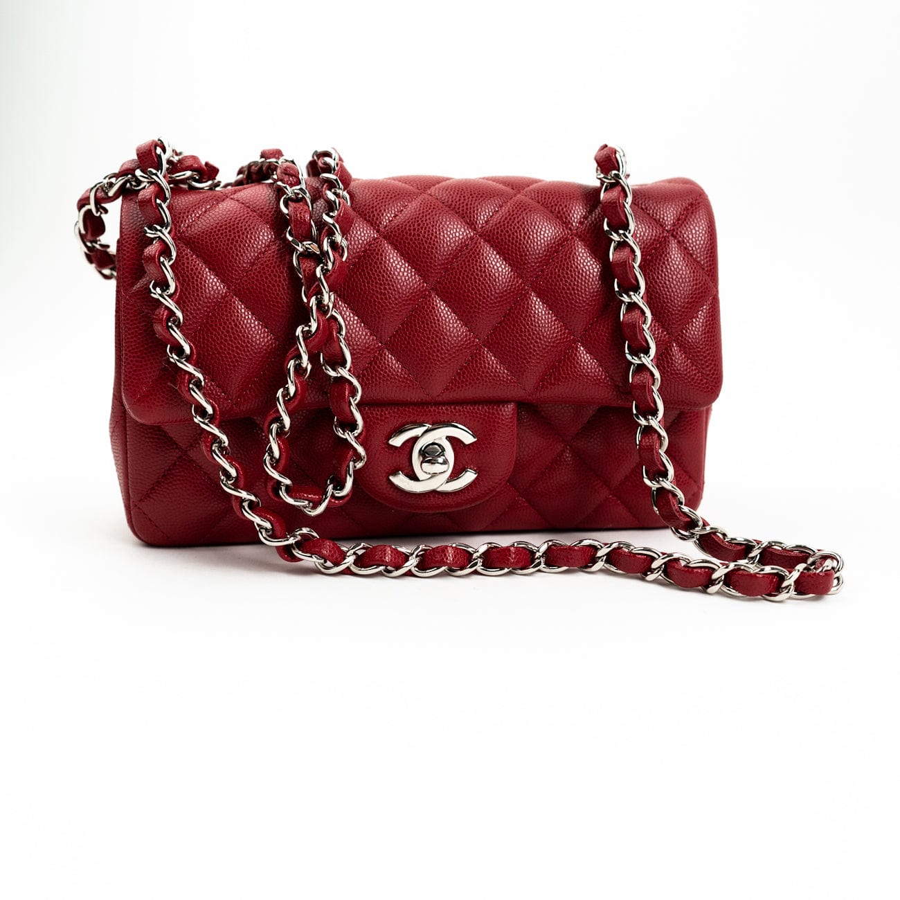 CHANEL Handbag 18B Raspberry Red Caviar Quilted Mini Rectangular Single Flap with Silver Hardware - Redeluxe