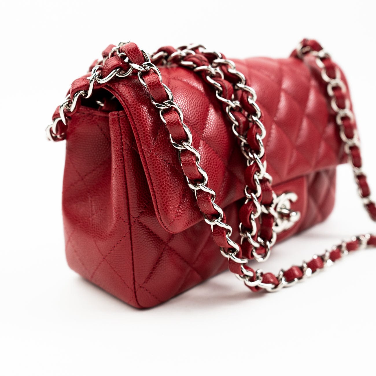 CHANEL Handbag 18B Raspberry Red Caviar Quilted Mini Rectangular Single Flap with Silver Hardware - Redeluxe