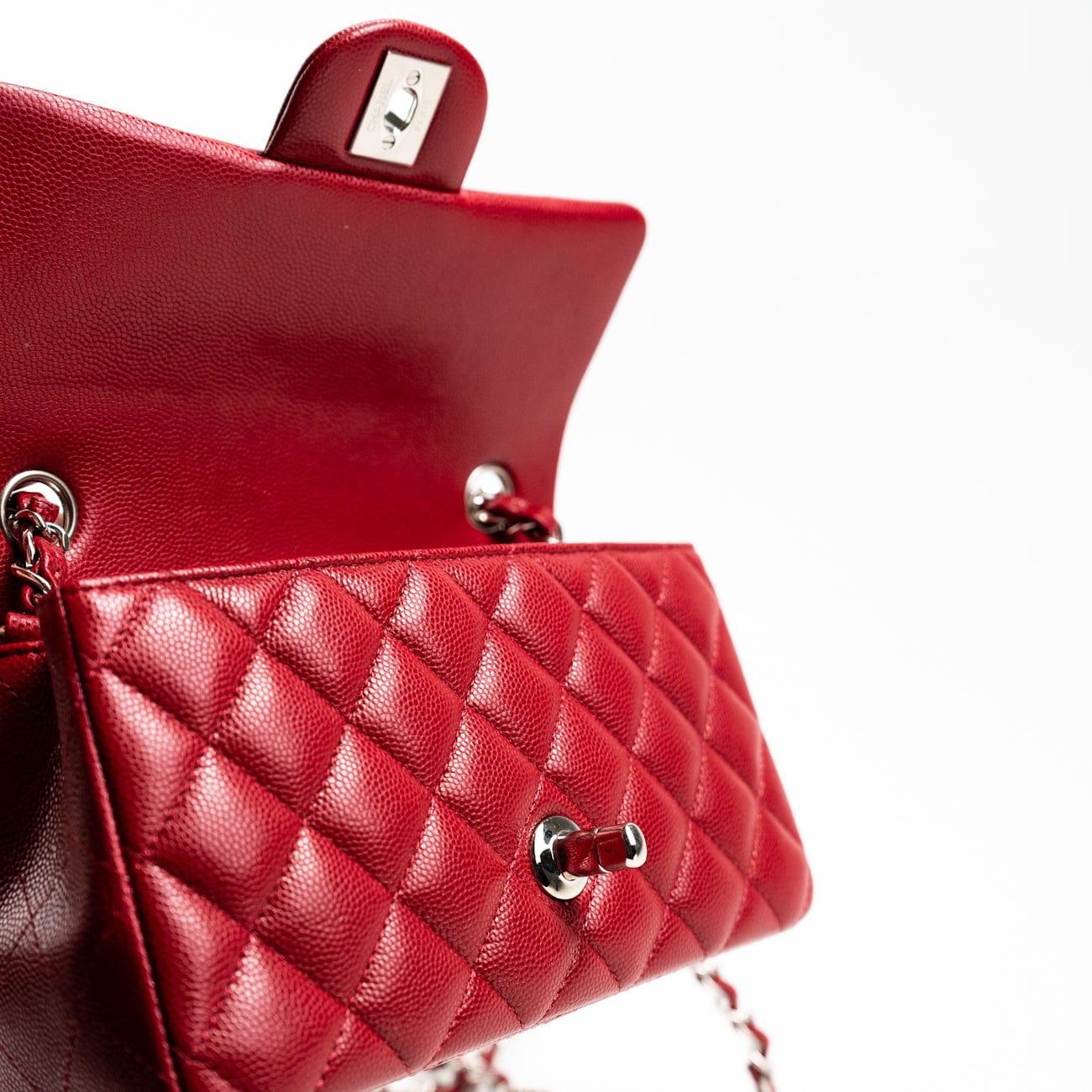 CHANEL Handbag 18B Raspberry Red Caviar Quilted Mini Rectangular Single Flap with Silver Hardware - Redeluxe