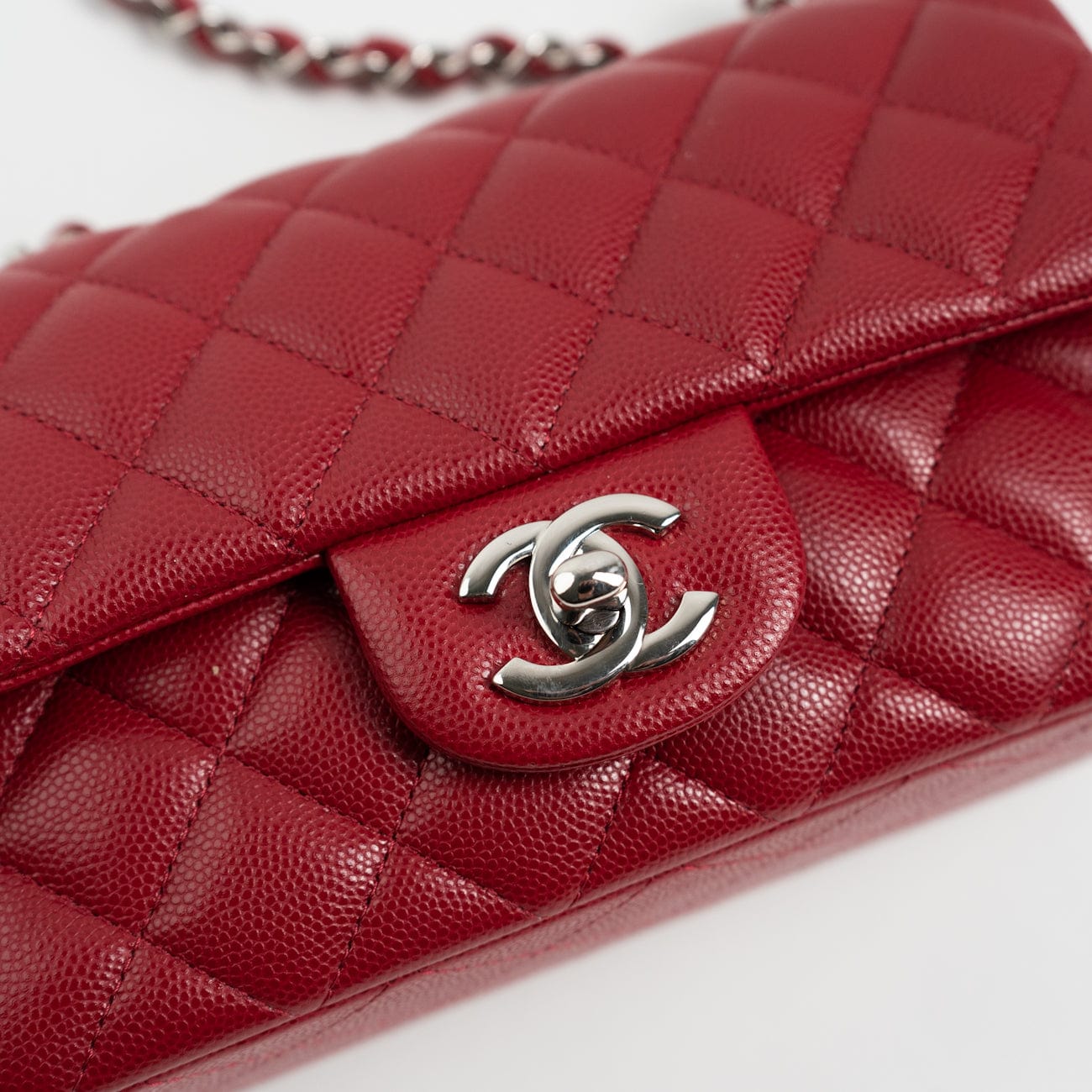CHANEL Handbag 18B Raspberry Red Caviar Quilted Mini Rectangular Single Flap with Silver Hardware - Redeluxe