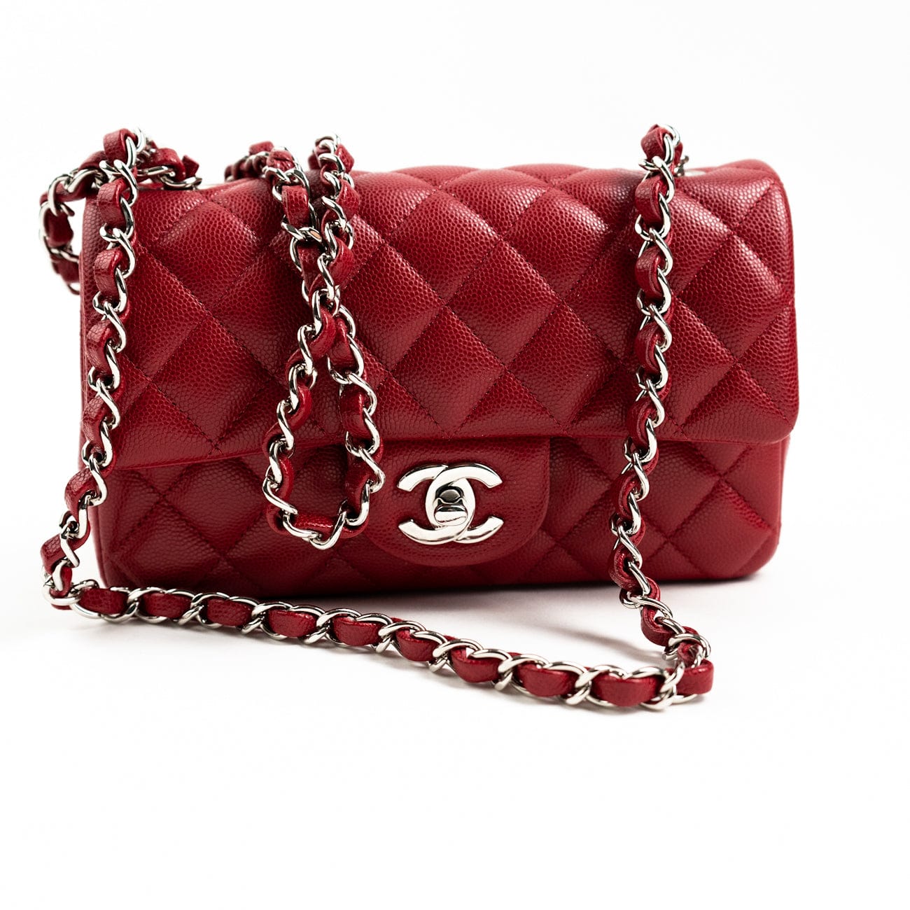 CHANEL Handbag 18B Raspberry Red Caviar Quilted Mini Rectangular Single Flap with Silver Hardware - Redeluxe