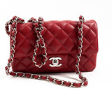 CHANEL Handbag 18B Raspberry Red Caviar Quilted Mini Rectangular Single Flap with Silver Hardware - Redeluxe