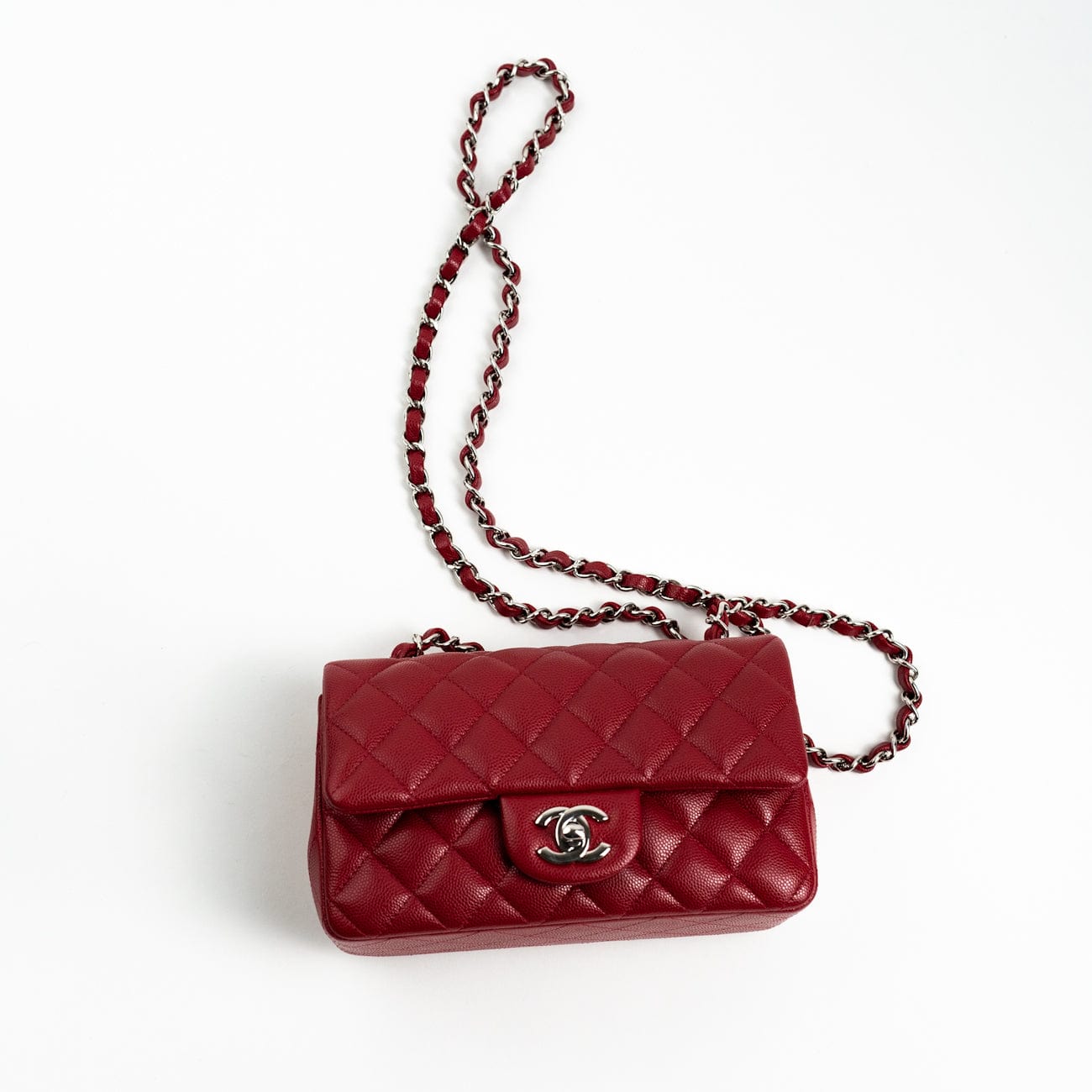CHANEL Handbag 18B Raspberry Red Caviar Quilted Mini Rectangular Single Flap with Silver Hardware - Redeluxe