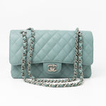 CHANEL Handbag 18C Light Blue Caviar Quilted Medium Classic Flap Edge Stitching Silver Hardware - Redeluxe