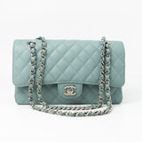 CHANEL Handbag 18C Light Blue Caviar Quilted Medium Classic Flap Edge Stitching Silver Hardware - Redeluxe