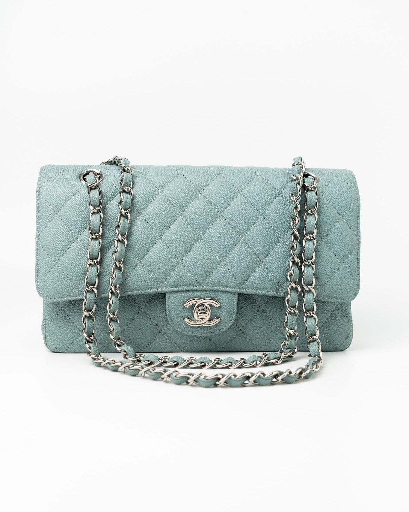 CHANEL Handbag 18C Light Blue Caviar Quilted Medium Classic Flap Edge Stitching Silver Hardware - Redeluxe