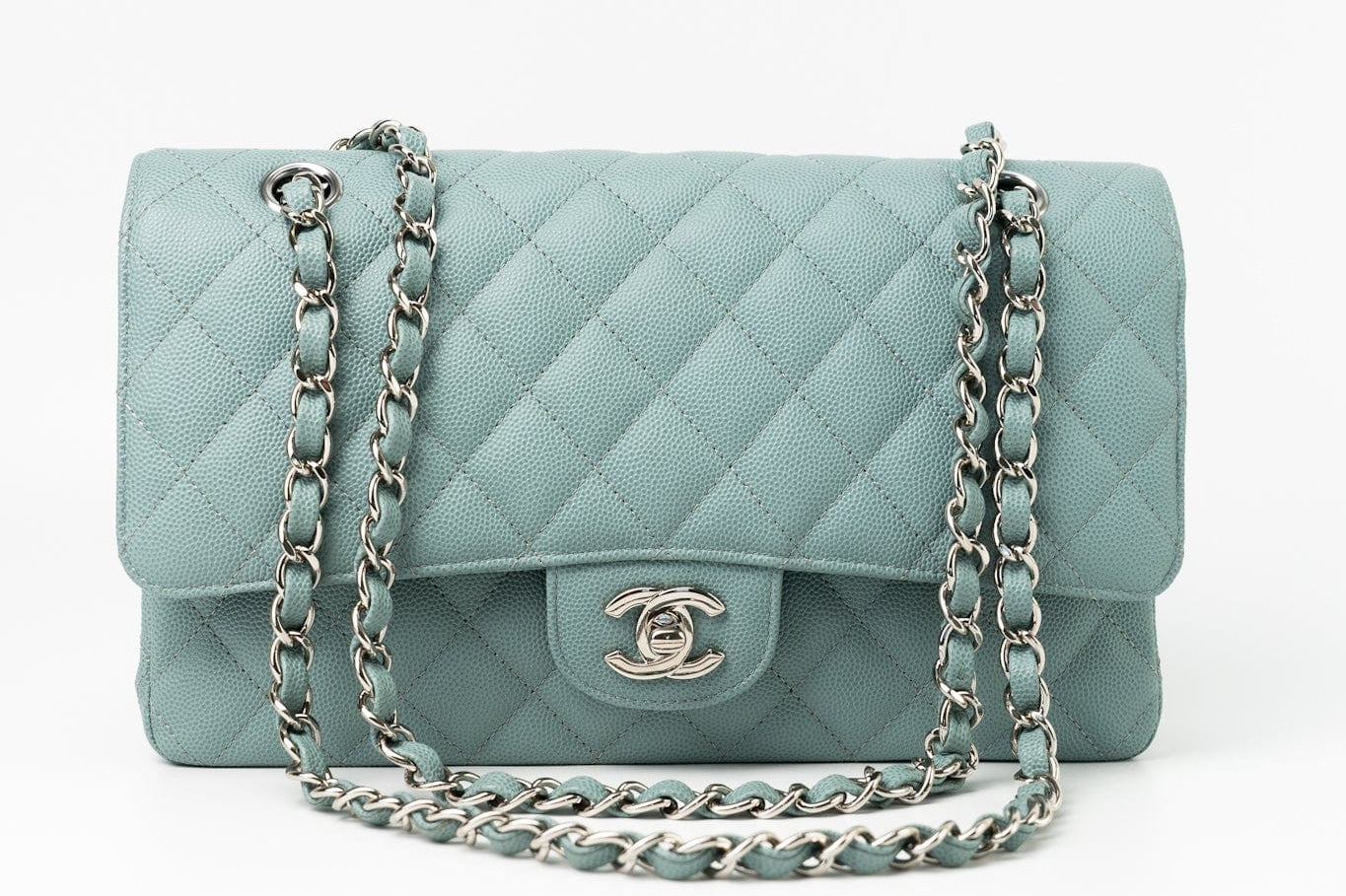 CHANEL Handbag 18C Light Blue Caviar Quilted Medium Classic Flap Edge Stitching Silver Hardware - Redeluxe