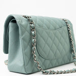 CHANEL Handbag 18C Light Blue Caviar Quilted Medium Classic Flap Edge Stitching Silver Hardware - Redeluxe