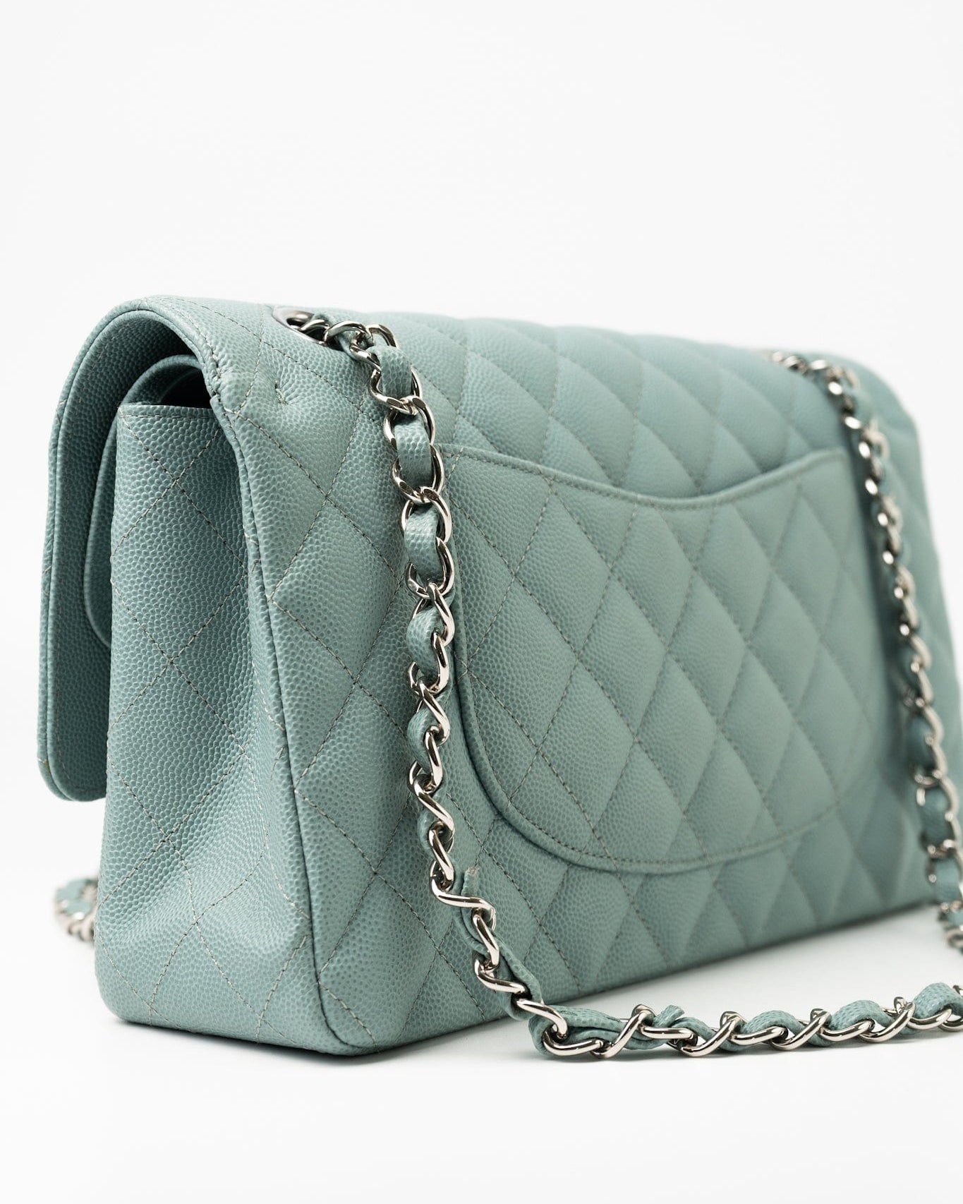 CHANEL Handbag 18C Light Blue Caviar Quilted Medium Classic Flap Edge Stitching Silver Hardware - Redeluxe