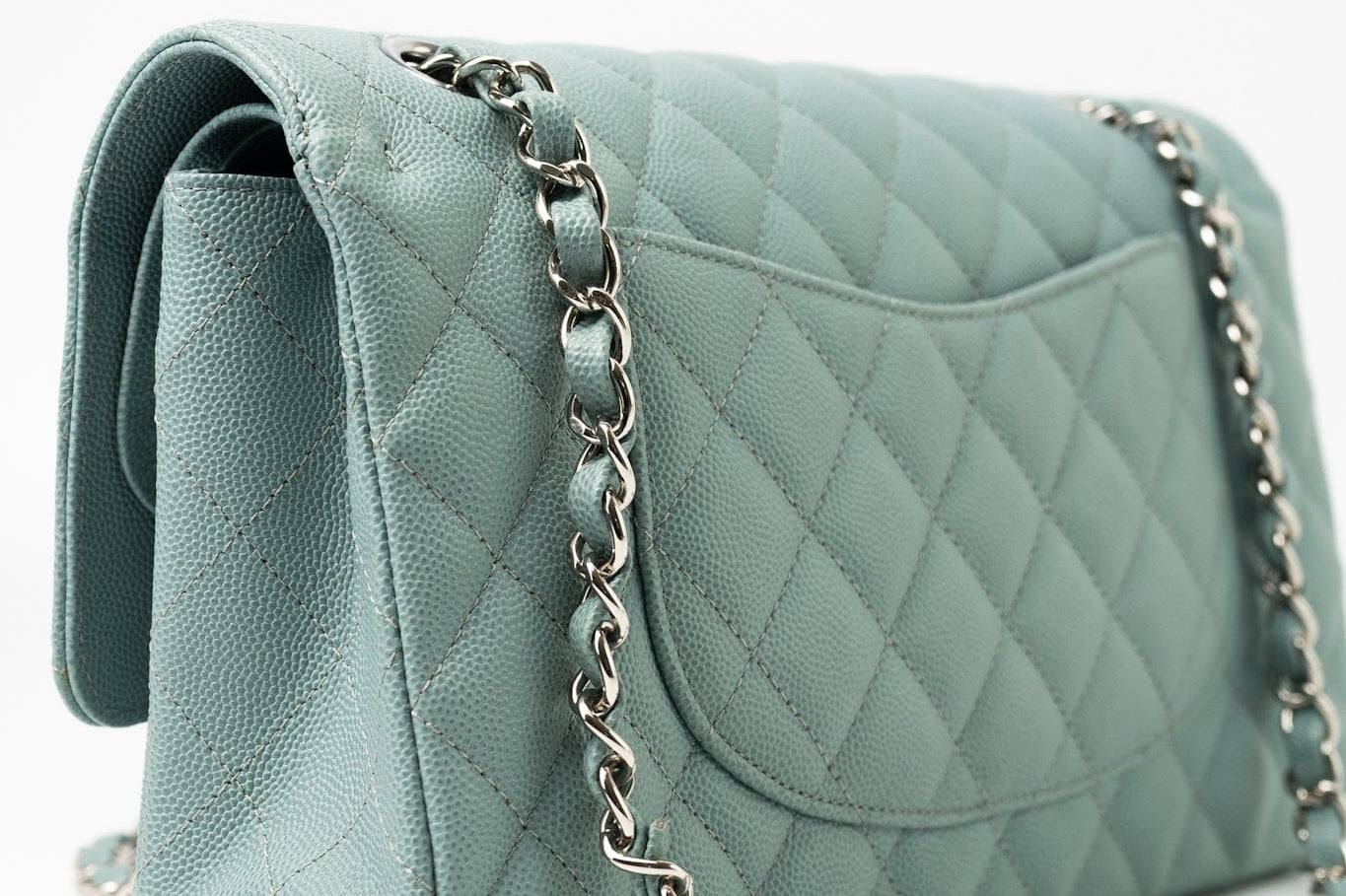 CHANEL Handbag 18C Light Blue Caviar Quilted Medium Classic Flap Edge Stitching Silver Hardware - Redeluxe
