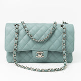 CHANEL Handbag 18C Light Blue Caviar Quilted Medium Classic Flap Edge Stitching Silver Hardware - Redeluxe