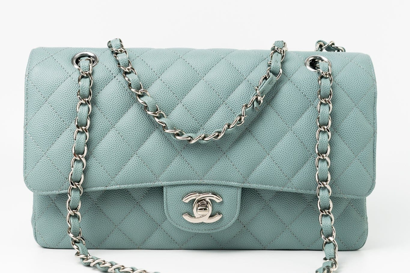 CHANEL Handbag 18C Light Blue Caviar Quilted Medium Classic Flap Edge Stitching Silver Hardware - Redeluxe