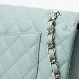 CHANEL Handbag 18C Light Blue Caviar Quilted Medium Classic Flap Edge Stitching Silver Hardware - Redeluxe