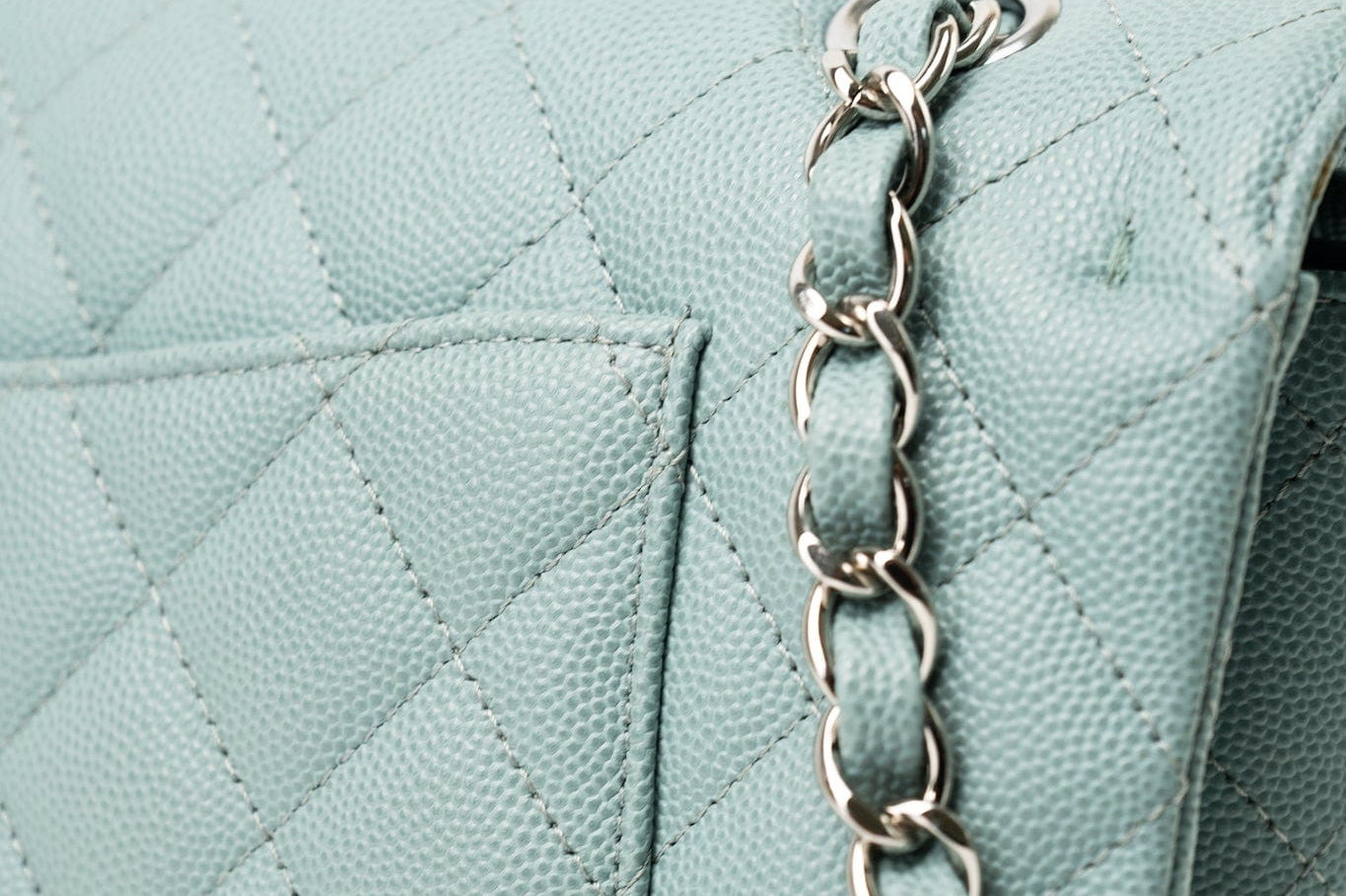 CHANEL Handbag 18C Light Blue Caviar Quilted Medium Classic Flap Edge Stitching Silver Hardware - Redeluxe
