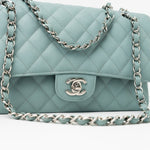 CHANEL Handbag 18C Light Blue Caviar Quilted Medium Classic Flap Edge Stitching Silver Hardware - Redeluxe