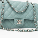 CHANEL Handbag 18C Light Blue Caviar Quilted Medium Classic Flap Edge Stitching Silver Hardware - Redeluxe