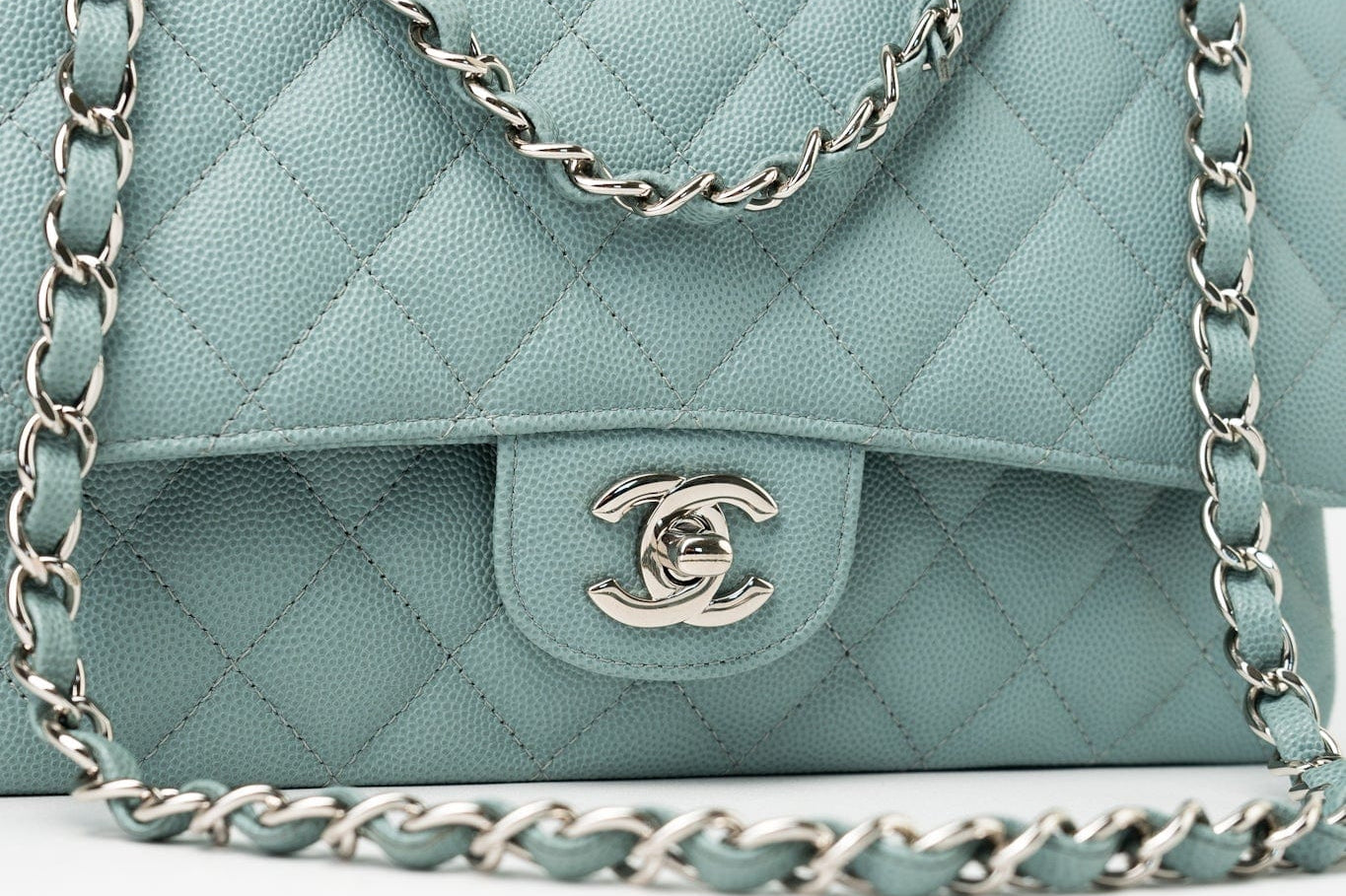 CHANEL Handbag 18C Light Blue Caviar Quilted Medium Classic Flap Edge Stitching Silver Hardware - Redeluxe