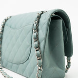 CHANEL Handbag 18C Light Blue Caviar Quilted Medium Classic Flap Edge Stitching Silver Hardware - Redeluxe