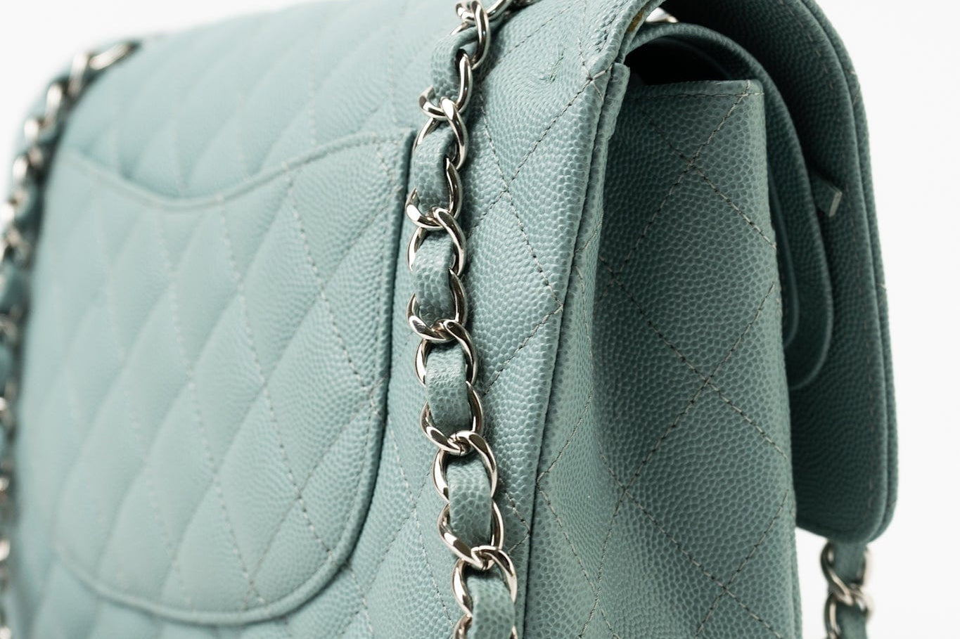 CHANEL Handbag 18C Light Blue Caviar Quilted Medium Classic Flap Edge Stitching Silver Hardware - Redeluxe