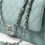 CHANEL Handbag 18C Light Blue Caviar Quilted Medium Classic Flap Edge Stitching Silver Hardware - Redeluxe