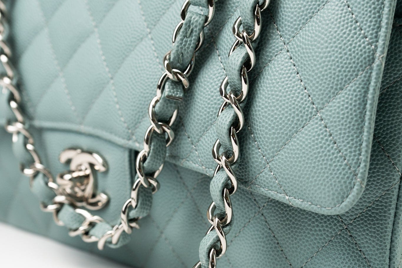CHANEL Handbag 18C Light Blue Caviar Quilted Medium Classic Flap Edge Stitching Silver Hardware - Redeluxe
