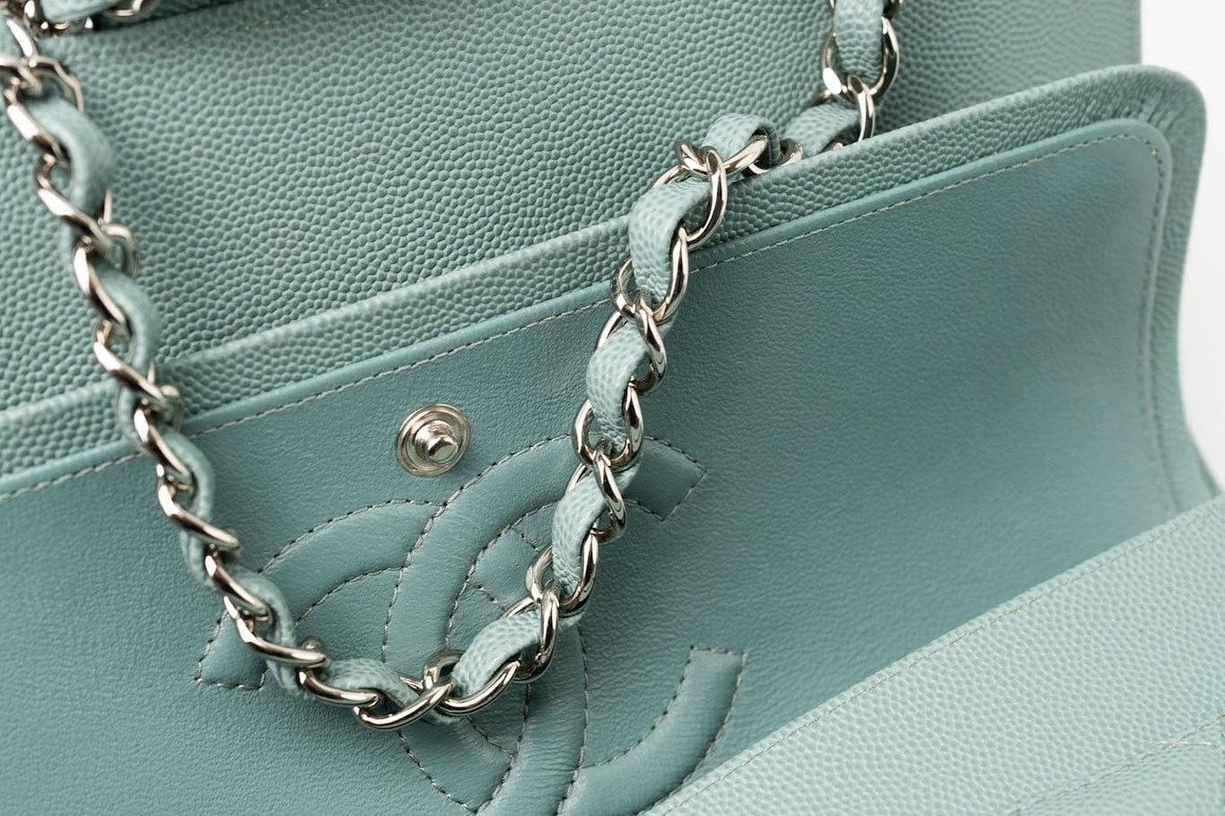 CHANEL Handbag 18C Light Blue Caviar Quilted Medium Classic Flap Edge Stitching Silver Hardware - Redeluxe